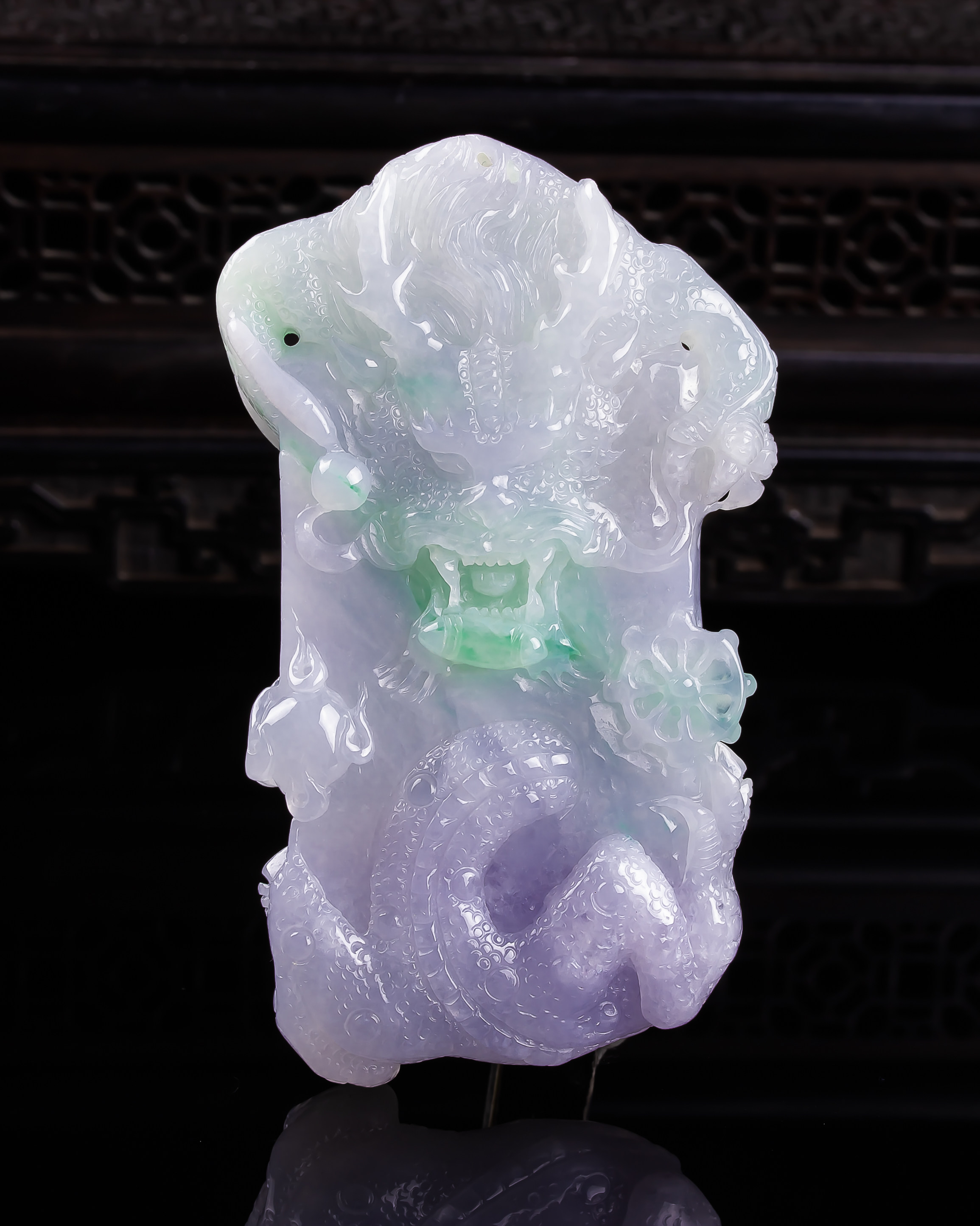 天然真品翡翠正品 冰紫罗兰满色飘阳绿飘色精雕龙牌吊坠 81.06g