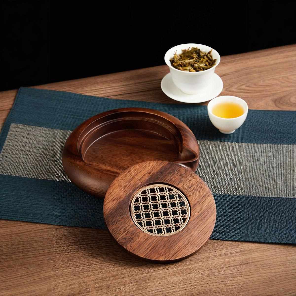胡桃木新中式创意储水式壶承开口笑干泡茶台实木家用复古养茶垫