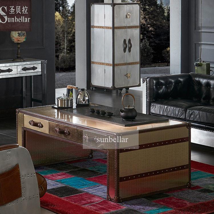 美式工业风咖啡桌金属铜片做旧带储物抽自动煮茶器具级茶桌商务
