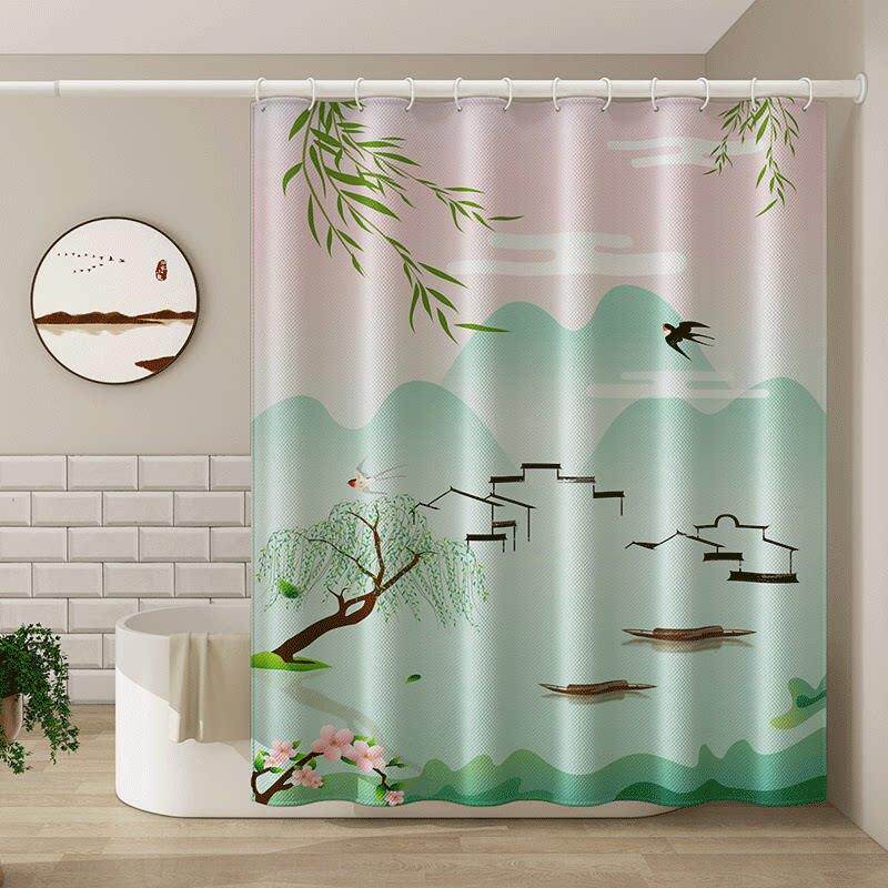 化妆室浴帘套装中国风免打孔防水浴室防霉隔断窗中式窗帘门帘挂帘