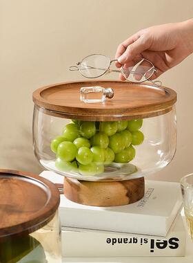 简约盘日式玻璃果盘客厅糖盆质干果木KH1240收纳盒高脚果水果盘收