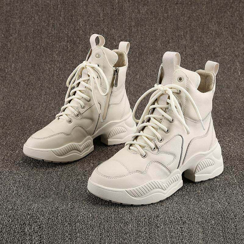 欧货白色马丁靴女秋季单靴英伦风增高真皮松糕厚底中筒瘦瘦短靴女