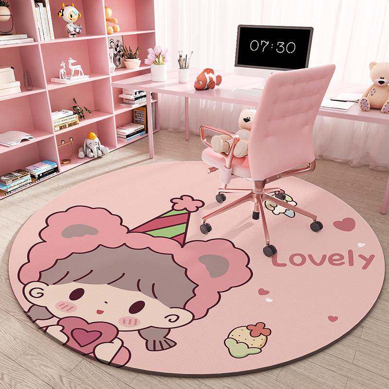卡通粉色圆形地毯儿童学习椅电脑椅脚垫卧室阅读区耐脏水晶绒地毯