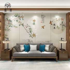 新中式壁布电视背景墙禅意素雅花鸟壁纸卧室客厅沙发影视墙纸壁画