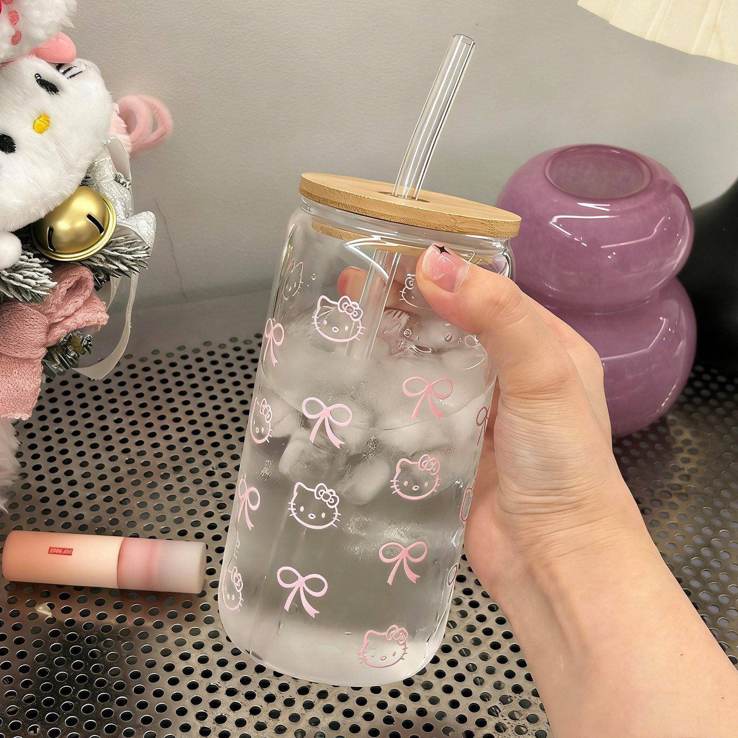 猫咪玻璃吸管杯女高颜值水杯高硼硅家用茶杯带盖耐高温大容量透明