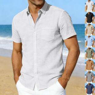 sleeved short men pocket Linen lapel shirt