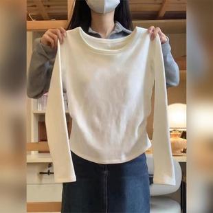 不规则白色打底衫女冬装加绒内搭春秋季短款上衣收腰褶皱长0106w