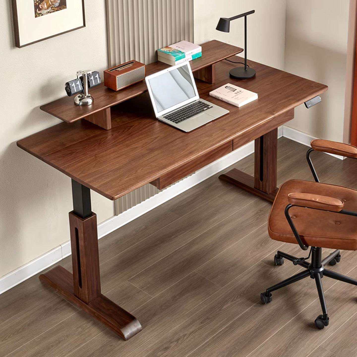 北美黑胡桃木升降桌办公站立式带抽屉双电机智能电动工作台学习桌