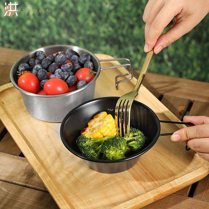 户外雪拉碗304不锈钢轻量化黑色雪拉碗野营餐具手柄碗登山野营碗