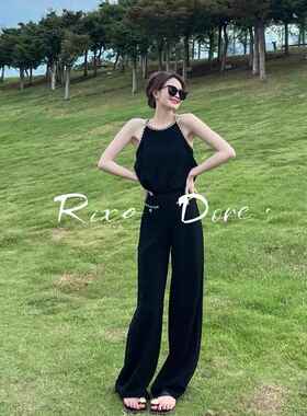 RIXO DORE法式高级感小洋装小众减龄黑色上衣阔腿裤两件式套装夏