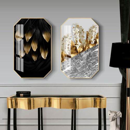 八边形装饰画现代客厅挂画简约餐厅北欧金箔叶子创意轻奢晶瓷壁画