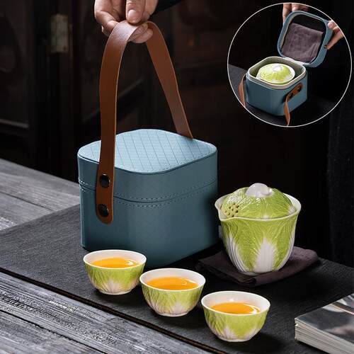创意白菜百财福茶旅行具套装陶瓷三户外快纳客杯AL750633创意便携