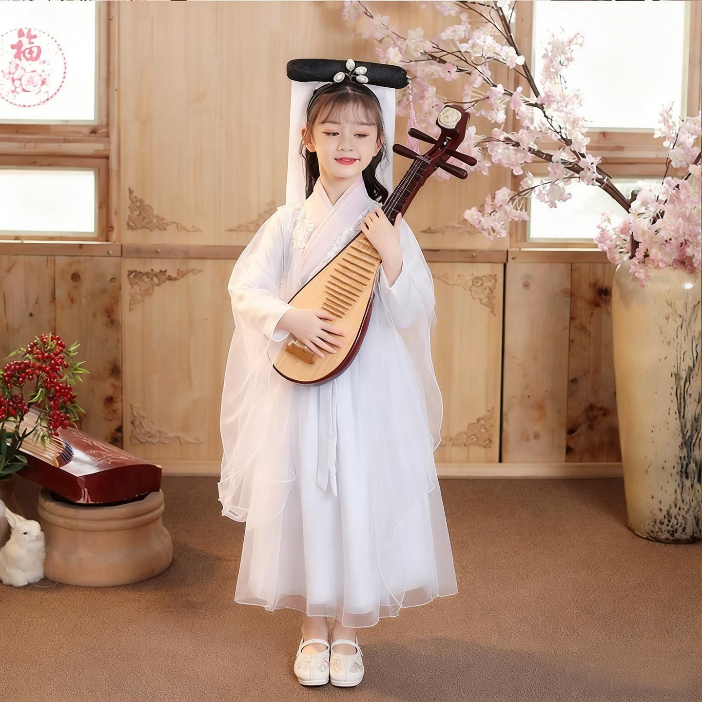 女童古典舞蹈演出中国风超仙古装古筝演奏飘逸古风唐装汉服连衣裙