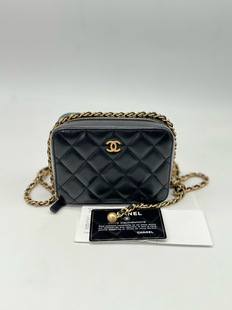 金球相机包 Chanel香奈儿22c黑色羊皮 女士链条斜挎包 95新