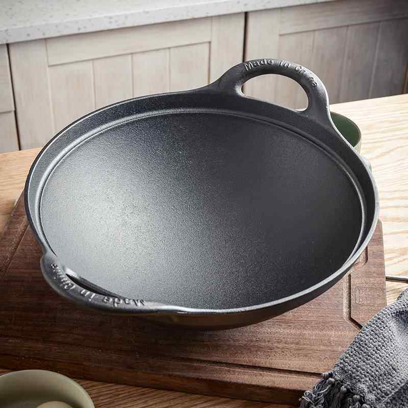 新款铸铁锅加深圆家底炒菜锅无涂专层不粘用老式尖双耳底炒锅燃气