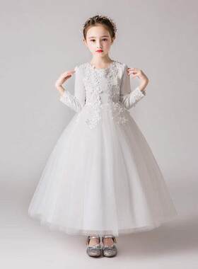 合唱团女孩晚礼服十岁生日冬季儿童舞蹈表演服装表演主持人白色公