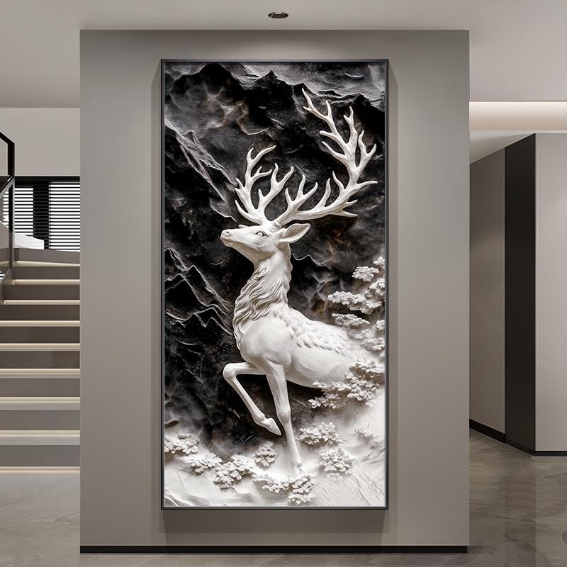 麋鹿挂画玄关装饰画浮雕感肌理画走廊尽头壁画高级感入户正对墙画图片