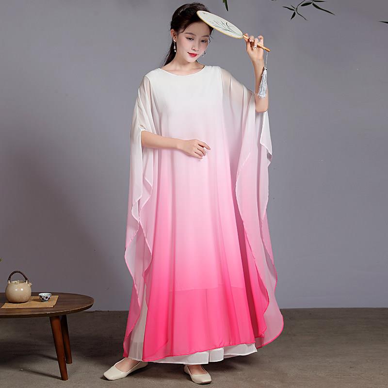 极速禅服国风渐变雪纺连衣裙女大摆茶艺服禅意仙气舞蹈表演舞台服