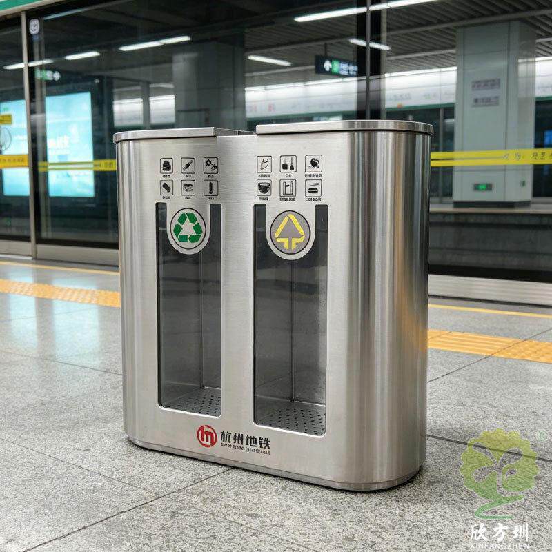 杭州地铁站轨道交通亚克力板透明防爆不锈钢两分类垃圾桶厂家定制