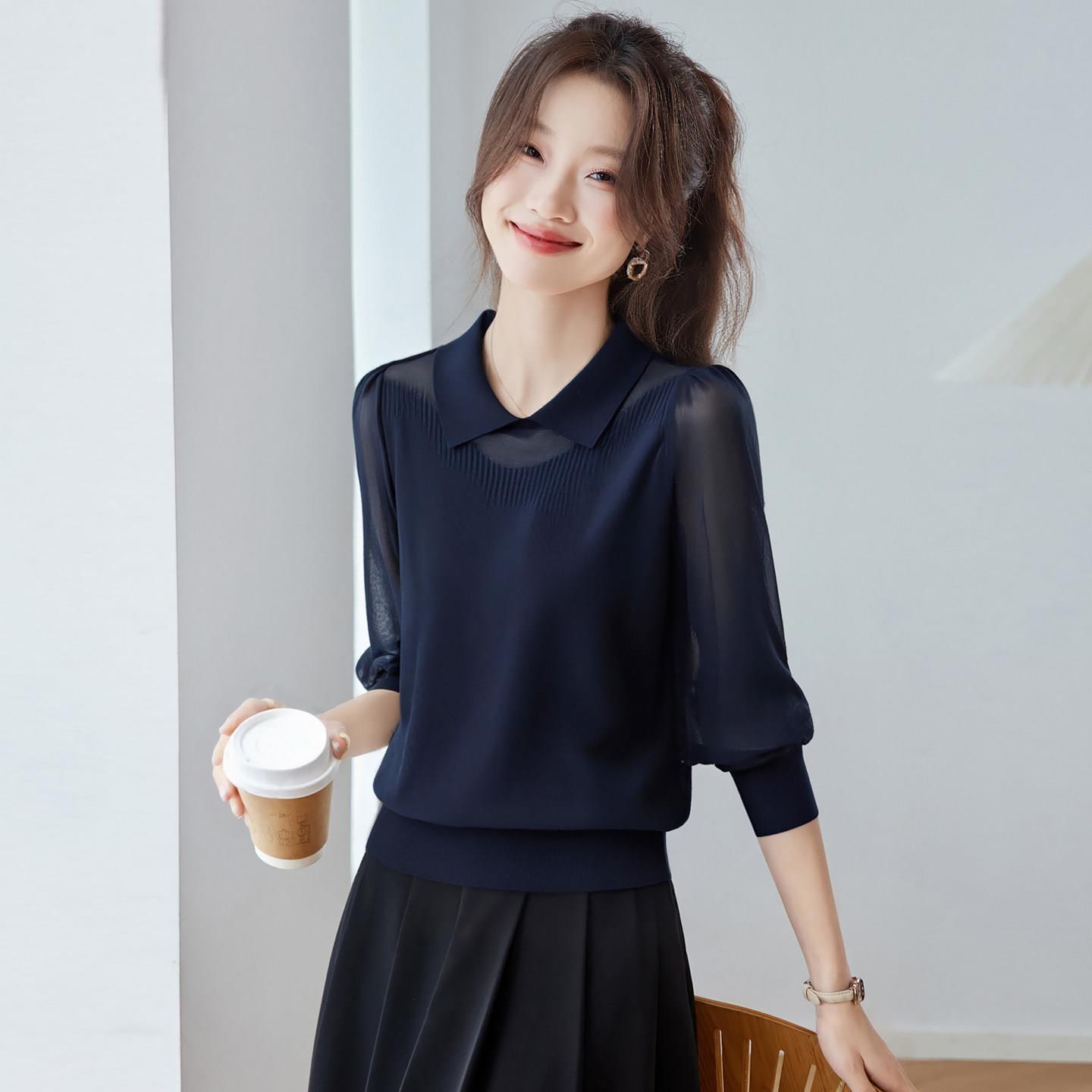 2026春季新款针织衫女长袖上衣洋派T恤高级感翻领显瘦内搭打底衫