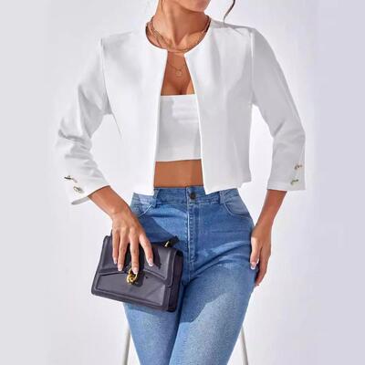 Women's Solid Round Neck Blazer Casual 3/4 Sleeve Outerwear