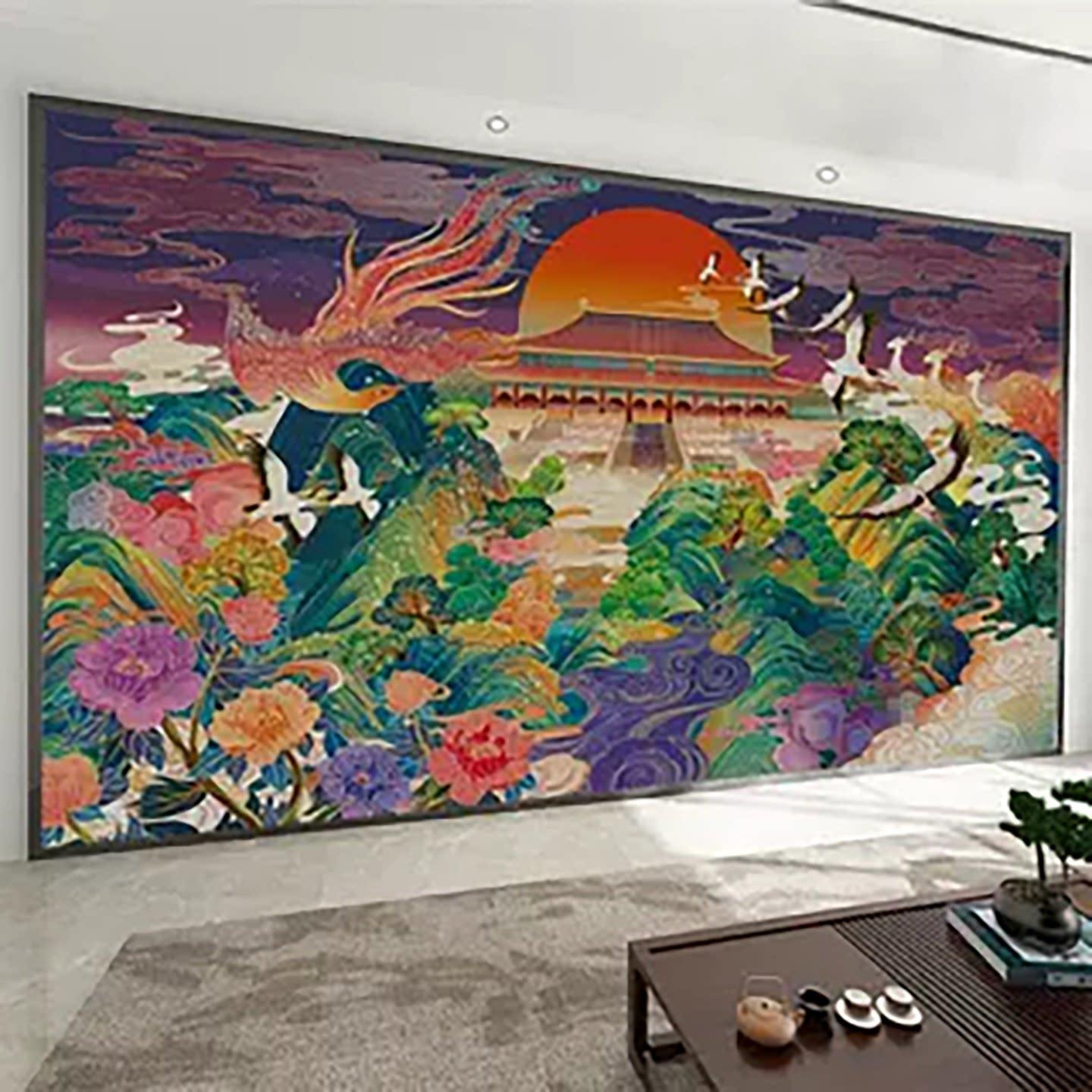 中式国潮风壁画蓬莱仙境仙鹤凤凰壁纸山水背景墙装饰墙纸宫殿墙布