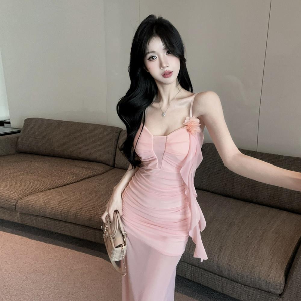 法式温柔风网纱拼接无袖超仙吊带裙小众设计感褶皱露背辣妹连衣裙