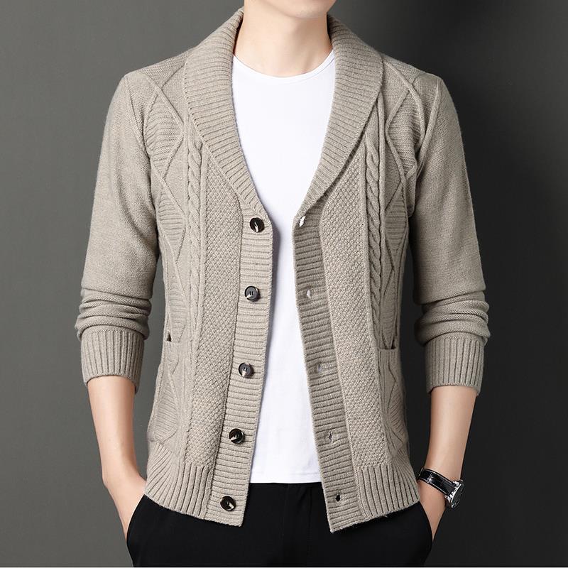 秋冬翻领针织开衫中年男士纯色长袖V领纽扣款毛衣打底外套0921e