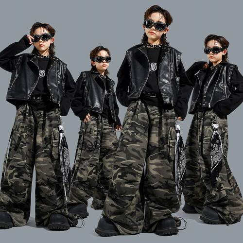 街舞儿童潮服嘻哈少儿hiphop潮牌童装男童迷彩三件套架子鼓演出服