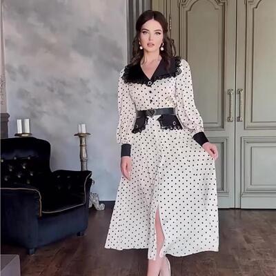 Lace lace doll collar polka dot print dress
