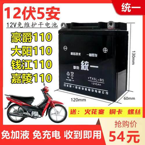 弯梁HJ100/110女士摩托车钱江免维护擎豹统一12V5A干电瓶