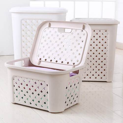 Plastic Wicker Laundry Basket with Lid for Dirty Clothes, St