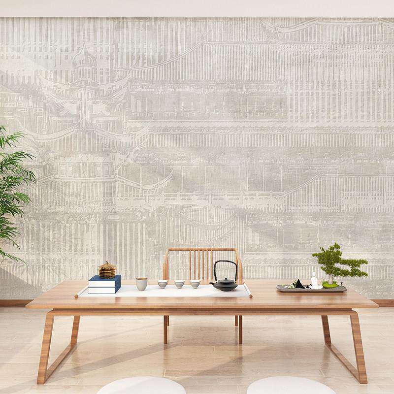 中式覆古餐厅包厢壁纸阁楼山水背景墙纸壁布饭店包间装修定制壁画