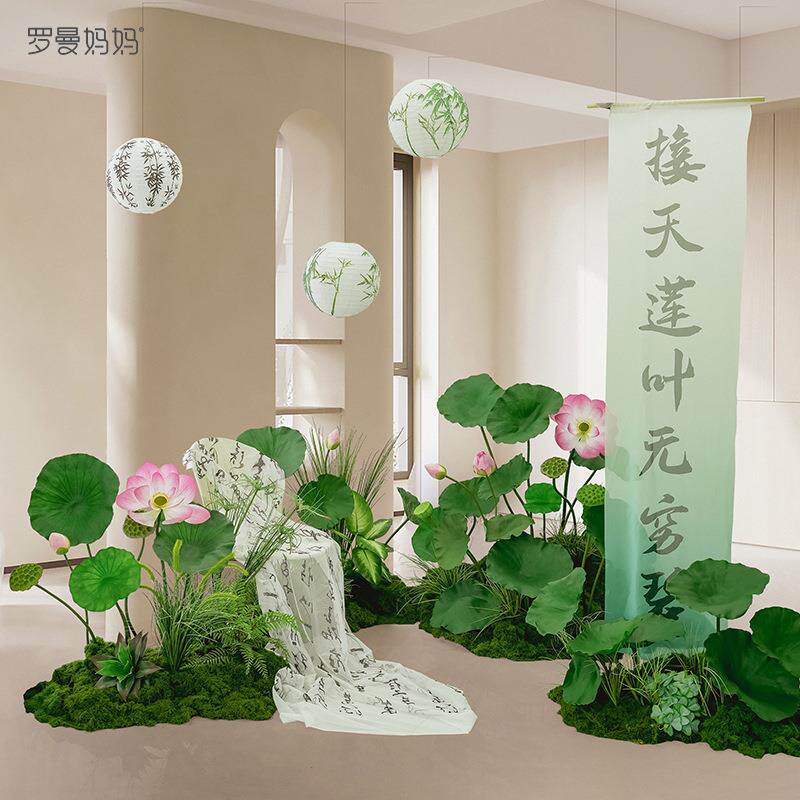 荷花仿真花造景新中式仿生植物假荷叶荷花道具摆件落地装饰景观
