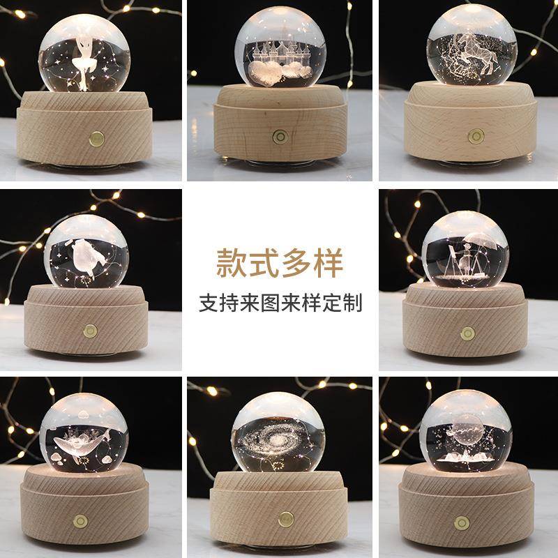 新款直销充电触摸调光小夜灯旋转木制音乐盒led浪漫台灯