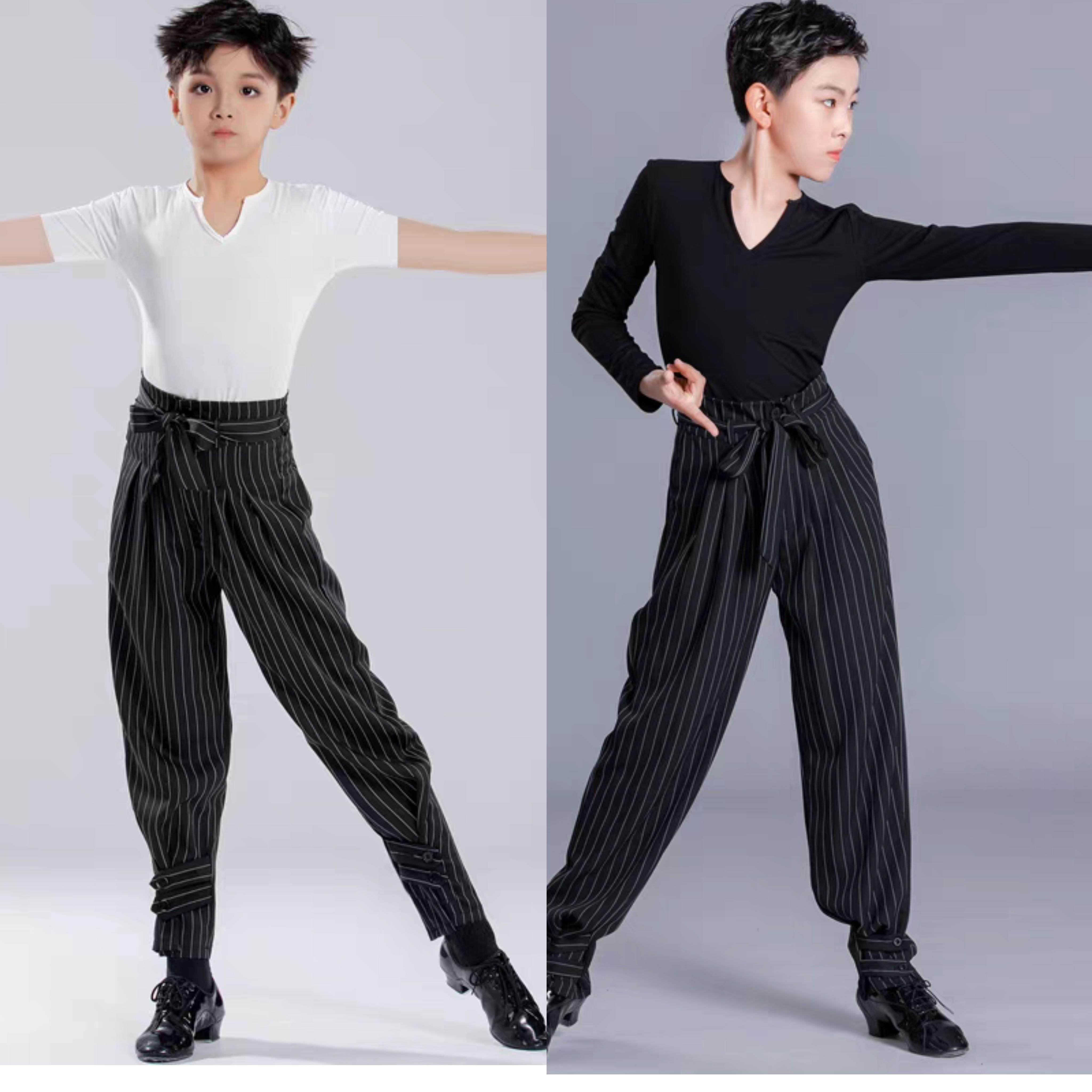 拉丁舞蹈训练功服男童春夏新款幼儿童训练黑裤舒适V领长短袖男t恤