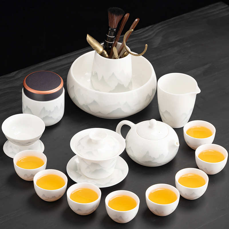 家用茶杯盖碗白瓷功夫泡茶高档壶轻奢水墨客厅办公室茶具套装陶瓷