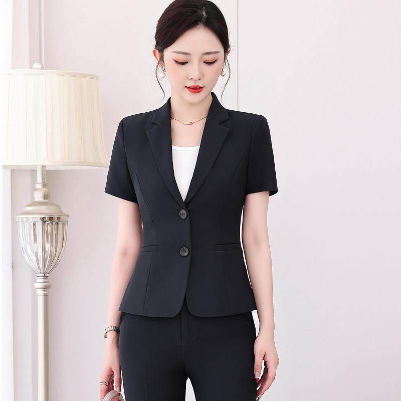 酒店前台经理黑色工作服西装女薄款上班服夏季弹力短袖西服工装ol
