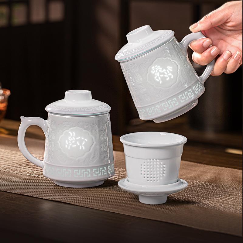 十二生肖马年玲珑瓷杯景德镇陶瓷茶杯办公杯带盖带过滤茶水分离杯