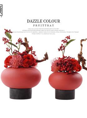 新中式样板房洽谈桌边几装饰品茶室玄关红色仿真花艺盆景喜庆摆件