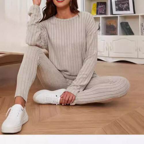 Two piece women's round neck pit stripe knitted suit