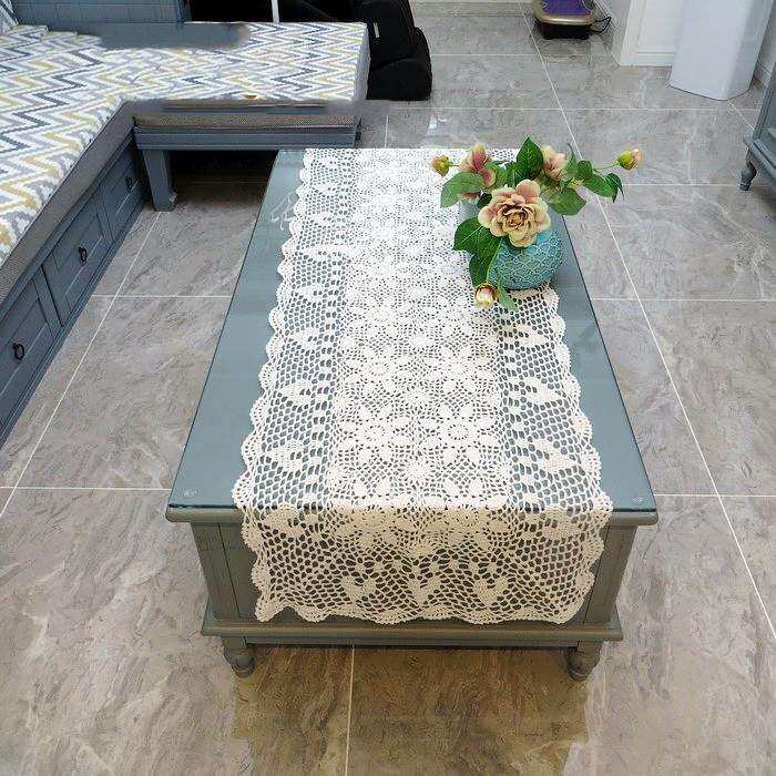 纯手工编织钩花复古美式乡村纯棉布艺蕾丝镂空茶几柜子餐桌桌旗