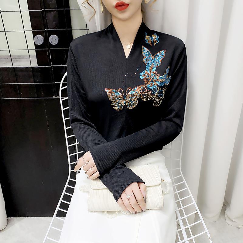 欧货蝴蝶Vt恤长袖女2025春秋重工烫钻时尚洋气显瘦性感短袖打底定