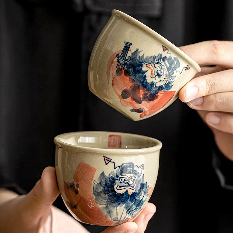 手绘釉下彩主人杯品茗杯陶瓷高端功夫茶具复古草木灰个人单杯茶盏