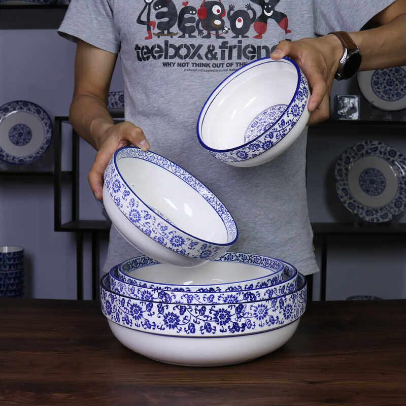 青花瓷大碗陶瓷大汤碗加厚面碗釉下彩碗公米线大碗高温加深护边碗