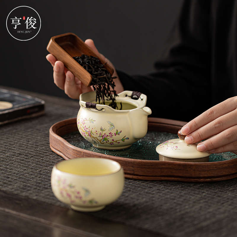 米黄手抓壶大号盖碗茶杯茶盘防烫泡茶碗汝窑开片户外旅行茶具套装