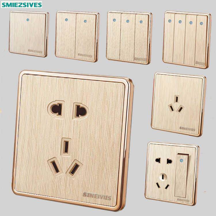 西门86型金色拉丝二三位五孔墙壁开关插座大板单开单控USB插座