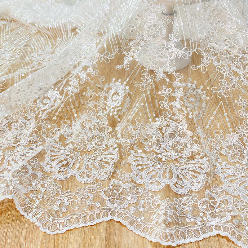 婚纱亮片车骨绳绣花蕾丝面料 珠片股绳绣花网纱股线蕾丝服装面料