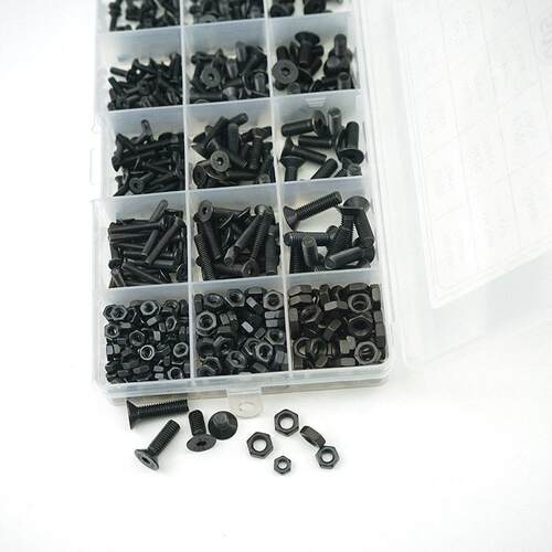 500pcs M3 M4 M5 黑色强度 沉头内六角螺丝配螺母组合套装盒装