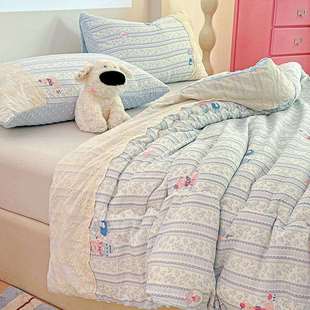 蓝条纹小象~蕾丝花边秋冬豆豆纤维被芯加厚保暖单双人春秋被子1.5